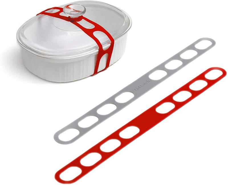 mella Lid Latch the reusable universal lid securing strap for crockpots, casserole dishes, pots, pans and more. Make it easy to transport your favorite dishes with one simple strap. (Polybag Red/Grey) - Image 1